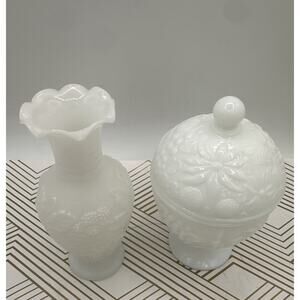 Vintage Milk Glass Grape Pattern Vase & Lidded Candy Dish – Matching Set – 7” T